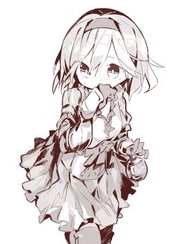 1girl blush bow breasts clenched_hand cloneko_(zelmeledf2) covering_own_mouth djeeta_(granblue_fantasy) female_focus flask frilled_shirt frills gloves granblue_fantasy greyscale hairband hands_up have_to_pee highres holding holding_flask leg_up light_blush looking_at_viewer miniskirt monochrome potion shirt short_hair simple_background sketch skirt small_breasts solo standing standing_on_one_leg sweat thighhighs vambraces white_background