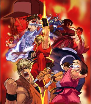 4girls 6+boys absurdres akuma_(street_fighter) angry braid breasts brown_hair capcom capcom_vs._snk chun-li crossover fatal_fury fighting fighting_stance fingerless_gloves fire game_cg geese_howard gloves headband hibiki_dan highres joe_higashi kasugano_sakura ken_masters kicking kusanagi_kyou large_breasts m._bison male_focus multiple_boys multiple_girls muscular muscular_male non-web_source official_art punching purple_fire pyrokinesis red_hair ryou_sakazaki ryu_(street_fighter) ryuuko_no_ken school_uniform shiranui_mai short_hair shorts shouryuuken skirt smile snk street_fighter terry_bogard the_king_of_fighters uppercut yagami_iori yamada_takamasa yuri_sakazaki