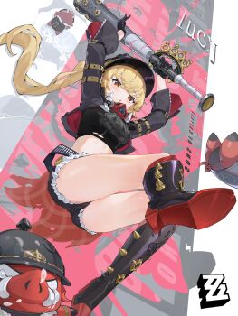 1girl absurdres azreall baseball_bat black_gloves black_helmet black_jacket blonde_hair blush boar breasts combat_helmet crop_top full_body gloves helmet high_heels highres holding holding_baseball_bat jacket long_hair looking_at_viewer luciana_de_montefio mask mask_around_neck metal_baseball_bat micro_shorts navel pickelhaube red_eyes respirator shorts side_ponytail spiked_boots zenless_zone_zero