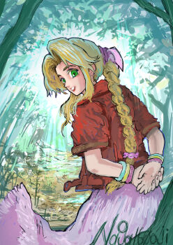 1girl aerith_gainsborough arms_behind_back artist_name bangle bracelet braid braided_ponytail brown_hair dress final_fantasy final_fantasy_vii final_fantasy_vii_rebirth final_fantasy_vii_remake forest green_eyes hair_ribbon highres jacket jewelry long_hair looking_at_viewer naga160oji nature own_hands_together painterly parted_bangs parted_lips pink_dress pink_ribbon red_jacket ribbon short_sleeves sidelocks single_braid sketch smile solo tree upper_body