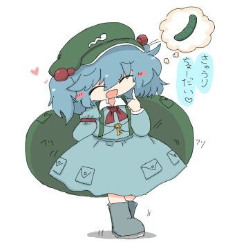 1girl backpack bag blue_dress blue_hair blue_shoes blush commentary_request cucumber dress drooling full_body green_hat hair_bobbles hair_ornament hat index_finger_raised kawashiro_nitori key kuuinusuki long_sleeves mob_cap open_mouth shoes short_hair simple_background solo speech_bubble thought_bubble touhou translation_request two_side_up white_background