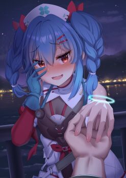 1boy 1girl :d absurdres bare_shoulders blue_gloves blue_hair blush braid buwad colphne_(girls&#039;_frontline_2) colphne_(silent_heart)_(girls&#039;_frontline_2) covenant_halo_(girls&#039;_frontline_2) crying crying_with_eyes_open evening girls&#039;_frontline girls&#039;_frontline_2:_exilium gloves hair_between_eyes hair_ornament hair_ribbon hairclip hand_over_eye hands_up happy happy_tears hat highres holding_hands jacket nurse_cap open_mouth orange_eyes outdoors red_eyes red_ribbon ribbon smile solo_focus tears twin_braids twintails upper_body white_jacket