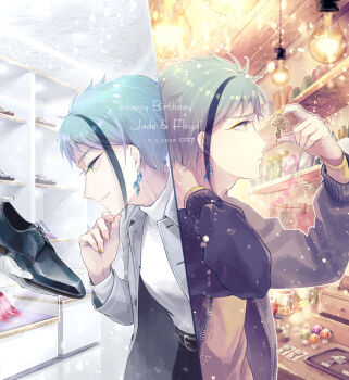 2boys black_shoes blue_hair brothers character_name closed_mouth clothes_shop dated earrings fingernails floyd_leech grey_jacket hanging_light happy_birthday highres holding holding_shoes jacket jade_leech jewelry light_particles male_focus momosaki_hiromu multicolored_hair multiple_boys mushroom pin shoes short_hair siblings split_screen streaked_hair twins twisted_wonderland unworn_shoes workshop yellow_nails