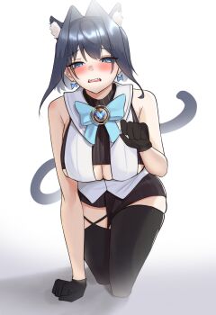 1girl absurdres animal_ear_fluff animal_ears black_gloves black_hair black_shirt black_skirt black_thighhighs blue_bow blue_eyes blush bow bow_earrings breasts cat_ears cat_girl cat_tail cleavage commentary earrings english_commentary fangs gloves highres hololive hololive_english jewelry large_breasts looking_at_viewer medium_hair nurizza_ilst open_mouth ouro_kronii ouro_kronii_(1st_costume) shirt skin_fangs skirt solo tail thighhighs virtual_youtuber white_background white_shirt