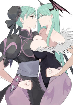 2girls akiman_pose alternate_color black_leotard bracelet breasts capcom chun-li commentary_request darkstalkers demon_wings double_bun faceoff green_eyes green_hair hair_bun head_wings highres jewelry leotard levvellevvel long_hair mango_(mgosketches) morrigan_aensland multiple_girls pantyhose purple_pantyhose simple_background spiked_bracelet spikes strapless strapless_leotard street_fighter white_background wings