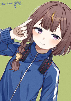 Rule 34 | 1girl, alternate costume, anya melfissa, artkimori, blonde streaks, blue jacket, braid, brown hair, closed mouth, commentary, dutch angle, english commentary, green background, headphones, headphones around neck, highres, hololive, hololive indonesia, jacket, kris hair ornament, light blush, long hair, long sleeves, looking at viewer, multicolored hair, pinky out, purple eyes, side braid, signature, simple background, smile, solo, track jacket, upper body, virtual youtuber, zipper pull tab