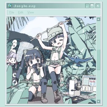 >_o 3girls ^_^ ^q^ ak-47 album_cover album_name animal_ear_headphones animal_ear_headwear animal_ears arms_up assault_rifle bad_id bad_twitter_id bikini bikini_bottom_only bird black_bikini black_eyes black_hair black_thighhighs blue_bird blue_sky blunt_bangs boots border brown_footwear butterfly_net cat_ear_headphones cat_ears cd_case chasing chest_rig closed_eyes commentary_request computer computer_keyboard computer_tower cover day fake_animal_ears fern firing foliage green_border green_hat gun hand_net hat headphones headset headset_removed holding holding_butterfly_net holding_gun holding_weapon jungle kalashnikov_rifle lokulo-chan_(lokulo_no_mawashimono) lokulo_no_mawashimono loli long_hair monitor multiple_girls nature navel oekaki on_one_knee one_eye_closed open_mouth original outdoors purple_hair rifle running sky stereo swimsuit thighhighs topless_female twintails weapon window_(computing)