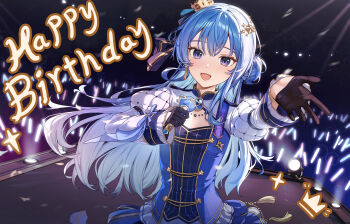 1girl absurdres black_gloves blue_eyes blue_gemstone blue_hair blue_shirt brooch chinese_commentary commentary_request crown earrings floating_hair gem gloves glowstick hair_between_eyes hair_bun hair_ornament half_gloves happy_birthday highres holding holding_microphone hololive hoshimachi_suisei hoshimachi_suisei_(stellar_into_the_galaxy) idol idol_clothes jewelry juliet_sleeves light_blush long_hair long_sleeves looking_at_viewer microphone mini_crown oeuia official_alternate_costume official_alternate_hairstyle open_mouth outstretched_arm pinstripe_pattern pinstripe_shirt puffy_sleeves quilted_clothes shirt shrug_(clothing) single_side_bun smile solo stage star_(symbol) star_hair_ornament star_in_eye symbol_in_eye upper_body very_long_hair virtual_youtuber white_shrug white_sleeves