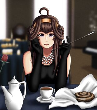 ahoge blurry blurry_background breakfast_at_tiffany&#039;s brown_hair cafe chibiosaka cup elbows_on_table flower food hair_bun headband instrument jewelry kantai_collection kongou_(kancolle) lips lipstick long_hair looking_at_viewer makeup necklace pastry pearl_necklace piano purple_eyes rose smile smoke table tablecloth tea teacup teapot