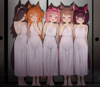 5girls absurdres animal_ears black_hair bow brown_hair closed_mouth commentary dress ear_bow ear_covers ear_ornament full_body hair_ornament hair_over_one_eye haru_urara_(umamusume) headband highres horse_ears horse_girl horse_tail mayano_top_gun_(umamusume) multiple_girls nishino_flower_(umamusume) open_mouth orange_eyes orange_hair pink_eyes pink_hair ponytail purple_eyes red_headband rice_shower_(umamusume) shouji sleeveless sleeveless_dress sliding_doors smile spaghetti_strap standing sweep_tosho_(umamusume) tail theflatfacadeds two_side_up umamusume white_bow white_dress