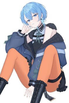 absurdres between_legs black_boots black_choker black_dress black_jacket blue_eyes blue_hair blue_jacket bob_cut boots bow bow_earrings choker collared_dress commentary double-parted_bangs dress earrings hair_between_eyes hand_between_legs hand_up highres hololive hoshimachi_suisei hoshimachi_suisei_(casual) jacket jewelry lace lace-up_boots lace_choker lace_sleeves looking_at_viewer nail_polish nolc official_alternate_costume official_alternate_hairstyle orange_nails orange_pantyhose pantyhose parted_lips quilted_jacket short_dress short_hair short_sleeves simple_background sitting star_(symbol) star_in_eye symbol_in_eye thigh_strap transparent_background two-sided_fabric two-sided_jacket virtual_youtuber
