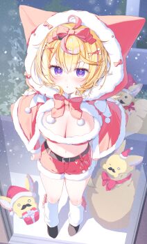 1girl absurdres ahoge animal_ear_fluff animal_ears black_shoes black_streaks blonde_hair bow bowtie breasts capelet cleavage commentary_request double-parted_bangs fox_ears fox_girl fox_tail fur-trimmed_capelet fur-trimmed_shorts fur_trim hair_between_eyes heart heart-shaped_pupils highres hololive hood hood_up kio_is_here leg_warmers looking_at_viewer midriff multicolored_hair navel omaru_polka pink_streaks pom_pom_(clothes) red_bow red_bowtie red_capelet red_shorts red_tube_top santa_costume shoes short_shorts shorts snowing solo strapless streaked_hair symbol-shaped_pupils tail tube_top virtual_youtuber white_leg_warmers zain_(omaru_polka)