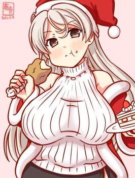 Rule 34 | 1girl, alternate costume, artist logo, black skirt, blush, breasts, brown eyes, christmas, conte di cavour (kancolle), cowboy shot, dated, eating, food, gradient background, grey hair, hat, jacket, kanon (kurogane knights), kantai collection, large breasts, logo, long hair, looking at viewer, one-hour drawing challenge, pink background, ribbed shirt, santa hat, shirt, skirt, smile, solo, turkey (food), two side up