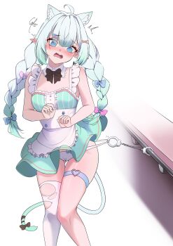 1girl @_@ absurdres ahoge animal_ears bare_arms black_bow black_bowtie blue_eyes blush bow bowtie braid cat_ears cat_girl cat_tail center_frills clothes_lift commentary cuffs detached_collar dress dress_lift english_commentary extra_ears frills gluteal_fold gradient_hair green_dress green_hair hair_bow hair_ornament hairclip handcuffs highres indie_virtual_youtuber low_twin_braids mint_fantome mint_fantome_(minto_2.0) multicolored_hair open_mouth panties pointy_ears single_thighhigh sleeveless sleeveless_dress solo striped_clothes striped_dress syxh tail tail_bow tail_ornament thigh_gap thigh_strap thighhighs torn_clothes torn_thighhighs twin_braids underwear vertical-striped_clothes vertical-striped_dress virtual_youtuber wavy_mouth white_hair white_panties white_thighhighs x_hair_ornament