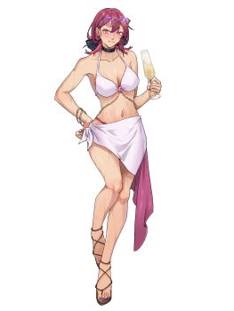 1girl bikini black_bow black_choker bow bracelet breasts brown_sandals champagne_flute choker cup drinking_glass eyewear_on_head full_body fuuka_(fafa_hana9) grin hair_bow highres holding holding_cup jewelry large_breasts long_hair looking_at_viewer nail_polish navel original purple-tinted_eyewear purple_eyes purple_hair purple_nails sandals sarong smile solo sunglasses swimsuit tinted_eyewear toenail_polish toenails wet white_background white_bikini white_sarong