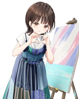 1girl animification blue_dress brown_hair canvas_(object) closed_mouth collared_shirt commentary_request dress dress_shirt easel four-finger_heart_hands green_dress hanazora_satsuki heart heart_hands highres kitou_akari looking_at_viewer medium_hair multicolored_dress pinafore_dress purple_dress real_life sample_watermark shirt short_sleeves sleeveless sleeveless_dress solo voice_actor watermark watermark_grid white_shirt wolf_cut