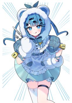 Rule 34 | 1girl, :q, absurdres, animal ears, animal hands, animal hood, apron, aqua dress, bear ears, bear hood, bloomers, blue eyes, blue hair, blunt bangs, border, butter knife, closed mouth, collar, commission, cowboy shot, dress, emphasis lines, fork, frilled apron, frilled collar, frills, fur-trimmed gloves, fur-trimmed hood, fur trim, gloves, hand on own hip, highres, holding, holding fork, holding knife, hood, hood up, indie virtual youtuber, knife, leaning forward, light smile, outside border, paw gloves, pocket, puffy short sleeves, puffy sleeves, second-party source, short sleeves, single thighhigh, skeb commission, solo, standing, thigh strap, thighhighs, tongue, tongue out, twintails, underwear, waist apron, white background, white bloomers, white border, white gloves, white thighhighs, yushiro pirika, zenshin, zettai ryouiki