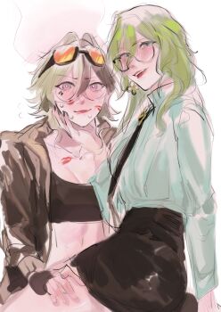 after_kiss brown_skirt commentary english_commentary eyewear_on_head flustered glasses green_hair highres honkai_(series) honkai_impact_3rd kathiv21 lipstick_mark mobius_(honkai_impact) necktie red_lips skirt vill-v yuri