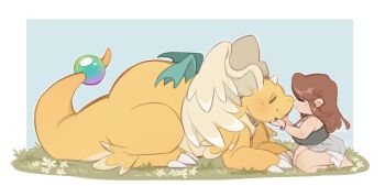 1girl ^_^ artist_self-insert barefoot closed_eyes dragon dragonite feathered_wings full_body gen_1_pokemon green_tube_top head_wings highres horns kneeling leg_wings mega_dragonite milkchaotea nintendo original petting pokemon pokemon_(creature) pokemon_focus seiza shorts single_horn sitting strapless tube_top wings