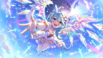 Rule 34 | 1girl, absurdres, arm up, blue hair, blue horns, blue sky, braid, breasts, cleavage, cross-laced clothes, cross-laced dress, crossed bangs, crowd, crystal wings, dragon horns, dragon wings, dress, dual wielding, elbow gloves, floating, floating object, floating sword, floating weapon, flower, frilled dress, frills, gloves, hair between eyes, hair flower, hair ornament, hair over shoulder, hairband, highres, holding, holding sword, holding weapon, horns, light blue hair, long hair, looking at viewer, official alternate costume, official art, open mouth, outdoors, pantyhose, princess connect!, purple eyes, reverse grip, sheffy (princess) (princess connect!), sheffy (princess connect!), short dress, single braid, sky, small breasts, smile, solo, standing, sunlight, sword, tears, third-party source, v-shaped eyebrows, weapon, white dress, white flower, white hairband, white pantyhose, wings