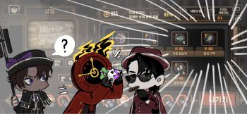 1other 2boys ? black_capelet black_gloves black_hair black_hat blush brown_hair capelet chanil_(muexlku) cigar clock coat commentary_request dante_(limbus_company) fire frilled_capelet frills gloves gold_trim hands_up hat heathcliff_(project_moon) highres holding holding_rock jacket korean_commentary limbus_company meursault_(project_moon) multiple_boys necktie object_head oufi_association_south_uniform pink_coat pink_jacket project_moon purple_eyes red_coat red_necktie rock speech_bubble thumb_(identity)_(project_moon)