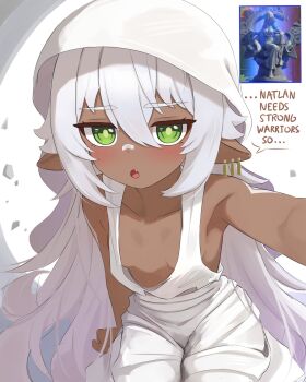 1girl alternate_costume armpits bandaid bandaid_on_face bandaid_on_nose bare_shoulders blush breasts collarbone commentary dark-skinned_female dark_skin downblouse dress english_text fang game_screenshot_inset genshin_impact green_eyes highres iansan_(genshin_impact) jitome long_hair looking_at_viewer loose_clothes mockingeu plunging_neckline pointy_ears reaching reaching_towards_viewer screenshot_inset small_breasts solo thick_eyebrows veil very_long_hair white_dress white_hair