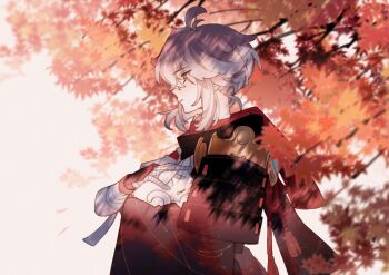 1boy animal antenna_hair armor asymmetrical_sleeves bandaged_arm bandaged_hand bandages black_gloves black_scarf branch cancanbingo cat closed_eyes closed_mouth fingerless_gloves floating_hair genshin_impact gloves hair_between_eyes haori hashtag-only_commentary holding holding_animal holding_cat japanese_armor japanese_clothes kaedehara_kazuha kimono leaf leaf_print long_sleeves looking_ahead low_ponytail male_focus maple_leaf maple_leaf_print maple_tree medium_hair mismatched_sleeves multicolored_hair petting ponytail profile red_eyes red_hair red_scarf scarf short_sleeves shoulder_armor sidelocks single_sode sode solo streaked_hair tassel tears tree upper_body vision_(genshin_impact) white_cat white_hair white_kimono wide_sleeves