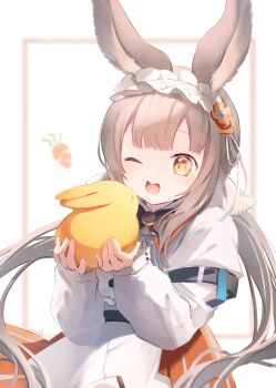 1girl animal animal_ears arknights artist_name blurry blurry_background border brown_hair carrot commentary_request frilled_hairband frills hairband high-waist_skirt highres holding holding_animal long_hair long_sleeves looking_at_animal one_eye_closed open_mouth orange_skirt partial_commentary rabbit rabbit_ears ramel shirt sidelocks simple_background skirt smile solo teeth twintails upper_body upper_teeth_only warmy_(arknights) white_background white_hairband white_shirt yellow_eyes