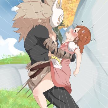 1boy 1girl blue_eyes blue_sky braid brown_hair colored_skin commentary crying crying_with_eyes_open day dress ella_musk genshin_impact grass green_skin hetero highres hilichurl_(genshin_impact) leg_up loli long_hair looking_at_another mask outdoors pink_dress rape sex short_sleeves sky standing standing_sex tears tree twin_braids zeniselv
