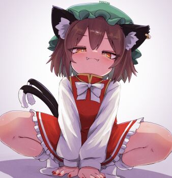 1girl absurdres animal_ear_fluff animal_ear_piercing animal_ears brown_hair cat_ears cat_tail chen commentary_request dress fangs hat highres looking_at_viewer mob_cap multiple_tails nail_polish red_nails short_hair solo squatting tail tekina_(chmr) touhou two_tails