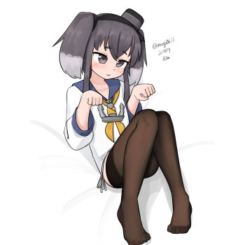 Rule 34 | 1girl, absurdres, anchor necklace, black eyes, black hair, blue sailor collar, commentary request, dated, dress, full body, gradient hair, grey hair, hat, highres, invisible chair, jewelry, kantai collection, long sleeves, lowleg, lowleg pantyhose, maru (marg0613), mini hat, multicolored hair, neckerchief, necklace, no shoes, one-hour drawing challenge, panties, pantyhose, paw pose, sailor collar, sailor dress, short hair, short hair with long locks, side-tie panties, sidelocks, simple background, sitting, smile, smokestack hair ornament, solo, tokitsukaze (kancolle), twitter username, underwear, white background, white panties, yellow neckerchief