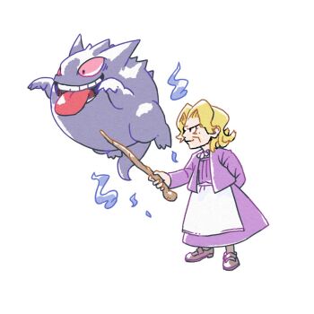 Rule 34 | adapted costume, agatha (pokemon), arm behind back, blonde hair, cane, closed mouth, commentary request, floating, full body, gen 1 pokemon, gengar, hair intakes, holding, holding cane, jacket, long sleeves, nintendo, old, old woman, open clothes, open jacket, open mouth, pokemon, pokemon: let's go pikachu! and let's go eevee!, pokemon (creature), pokemon firered and leafgreen, pokemon red/green/blue/yellow, purple jacket, purple shoes, purple skirt, shoes, short hair, simple background, skirt, smile, standing, teeth, thanks 0u0, tongue, tongue out, white background, will-o'-the-wisp (mythology)