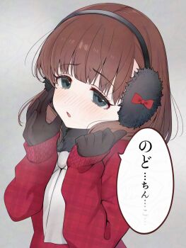 1girl black_gloves blush brown_hair commentary_request earmuffs gloves grey_background hands_up highres idolmaster idolmaster_cinderella_girls jacket long_sleeves looking_at_viewer medium_hair plaid_clothes plaid_jacket red_jacket sakuma_mayu saltylemontea scarf simple_background solo speech_bubble translation_request upper_body white_scarf winter_clothes