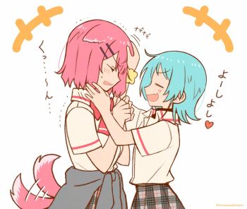 amaori_renako animal_ears aqua_hair blush cardigan cardigan_around_waist clothes_around_waist fang hand_on_another&#039;s_head heart highres koyanagi_kaho noratanukimaru pink_hair school_uniform simple_background skin_fang tail watashi_ga_koibito_ni_nareru_wake_naijan_murimuri! wavy_mouth