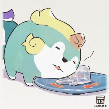 animal_focus closed_eyes dated highres ice ice_cube no_humans open_mouth plate simple_background tama-jii tensui_no_sakuna-hime white_background y_koichi