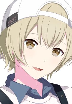 Rule 34 | 1boy, azusawa kohane, baseball cap, brown eyes, brown hair, close-up, collared shirt, commentary, english commentary, genderswap, genderswap (ftm), hat, highres, looking at viewer, male focus, miyotastic, open mouth, project sekai, shirt, short hair, simple background, smile, solo, white background