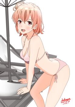 1girl artist_name ass beach_chair bikini blush breasts commentary_request dated from_side looking_at_viewer medium_breasts open_mouth orange_eyes orange_hair pink_bikini sakayaya short_hair solo swimsuit thighs yahari_ore_no_seishun_lovecome_wa_machigatteiru. yuigahama_yui
