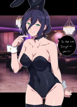 1girl absurdres animal_ears black_choker black_leotard black_thighhighs breasts chainsaw_man choker cleavage collarbone commentary_request covered_navel english_text fake_animal_ears green_eyes hair_between_eyes hair_bun haruhisky highres indoors large_breasts leotard playboy_bunny rabbit_ears reze_(chainsaw_man) shirt solo speech_bubble strapless strapless_leotard thighhighs white_shirt white_wrist_cuffs wrist_cuffs