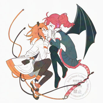 Rule 34 | 2girls, a.i. voice, adachi rei, ahoge, amau totori, black shirt, black thighhighs, brown pantyhose, cable, coat, commentary request, demon wings, detached sleeves, drill hair, finger to mouth, hand up, headphones, highres, kasane teto, looking at another, multiple girls, orange eyes, orange hair, pantyhose, pleated skirt, red eyes, red hair, shirt, shoes, short hair, skirt, thighhighs, utau, watermark, white coat, white shoes, wings, yuri