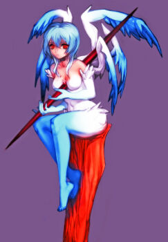 Rule 34 | 1girl, angel (evangelion), angel chromosome xx, arael, arael-xx, barefoot, blue feathers, breasts, feathers, impaled, medium breasts, multiple wings, neon genesis evangelion, polearm, red eyes, short hair, simple background, sitting, solo, spear, two-tone feathers, weapon, white feathers, wings, yurizuka (sergeant heart)