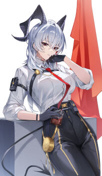 1girl absurdres ahoge arm_pouch black_eyes black_gloves black_horns black_pants black_tail breasts button_gap chest_harness closed_mouth commentary cowboy_shot cup curled_horns demon_tail drinking_glass earrings gloves grey_hair hand_up harness high-waist_pants highres holding holding_cup horns jewelry jira_(0116) key_earrings large_breasts long_hair looking_at_viewer mole mole_under_eye multicolored_eyes multicolored_hair necktie no_jacket pants pouch red_eyes red_necktie revision shirt shirt_tucked_in solo streaked_hair tail two-tone_eyes white_shirt wuthering_waves zani_(wuthering_waves)