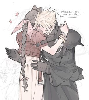 1boy 1girl aerith_gainsborough arm_around_neck arm_behind_back armor bangle black_cape black_gloves black_sleeves black_vest blonde_hair blush bracelet braid braided_ponytail brown_hair cape closed_eyes cloud_strife couple cowboy_shot cropped_jacket dress english_text final_fantasy final_fantasy_vii final_fantasy_vii:_advent_children final_fantasy_vii_rebirth final_fantasy_vii_remake gloves gold_bangle hair_between_eyes hair_ribbon hetero hug jacket jewelry long_dress long_hair mmmckayyy parted_bangs pauldrons pink_dress pink_ribbon red_jacket ribbed_vest ribbon short_hair short_sleeves shoulder_armor silver_bangle single_braid single_pauldron speech_bubble spiked_hair vest waist_cape