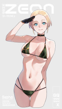 1girl aqua_eyes ban!_(bansankan) bikini black_gloves blonde_hair camouflage camouflage_bikini character_name choker commentary_request copyright_name cover cropped_legs gloves gundam gundam_gquuuuuux highres looking_at_viewer magazine_cover navel salute sepha_(gundam_gquuuuuux) short_hair solo string_bikini swimsuit