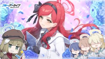 2girls 5girls blonde_hair blue_archive blue_flower blue_hair blue_rose blush book flower green_hair halo holding holding_book long_hair looking_at_viewer medium_hair multiple_girls nijihashi_sora official_art red_hair rose tagme takane_(blue_archive) yakumo_(blue_archive) yellow_eyes