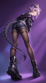 1girl absurdres ass black_boots black_shorts boots brown_pantyhose calves closed_mouth commentary_request dappled_sunlight demon_girl demon_horns demon_tail expressionless extra_horns eyebrows_hidden_by_hair from_behind from_below full_body hair_between_eyes highres horns jacket kaer_sasi_dianxia looking_back off-shoulder_jacket off_shoulder original pantyhose pointy_ears purple_background purple_hair purple_jacket shadow short_hair shorts solo sunlight tail yellow_eyes