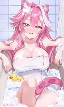 1girl :d absurdres animal_ear_fluff animal_ears bathing bathtub blush breasts center-flap_bangs cleavage commentary deermiko double-parted_bangs english_commentary extra_ears highres hololive hololive_english indoors large_breasts long_hair looking_at_viewer multicolored_hair naked_towel open_mouth panther_ears panther_girl panther_tail partially_submerged pink_hair raora_panthera rubber_duck sidelocks smile soap_bubbles solo streaked_hair tail teeth tile_wall tiles towel upper_teeth_only very_long_hair virtual_youtuber white_streaks yellow_eyes