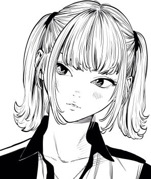 1girl commentary_request eyebrows_hidden_by_hair eyelashes hair_tie hatching_(texture) head_tilt highres jacket jewelry lee_(dragon_garou) light_blush lips long_bangs monochrome necklace original parted_lips portrait sidelocks solo twintails