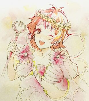 1boy ;d commentary_request crop_top crossdressing crossdressing_(mtf) fairy_wings flower flower_wreath hair_flower hair_ornament head_wreath highres holding holding_wand king_of_prism looking_at_viewer male_focus one_eye_closed open_mouth pink_eyes pink_flower pink_hair pretty_rhythm pretty_series puffy_short_sleeves puffy_sleeves saionji_leo short_hair short_sleeves smile solo traditional_media trap upper_body uruu_akua wand wings