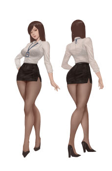 1girl absurdres black_bra black_footwear black_pantyhose black_skirt bra bra_visible_through_clothes brown_eyes brown_hair brown_pantyhose collared_shirt commentary_request crossed_legs from_behind full_body hand_on_own_hip high_heels highres id_card long_hair long_sleeves looking_at_viewer medium_hair miniskirt multiple_views office_lady original pantyhose parted_bangs parted_lips pencil_skirt pumps red_lips see-through_clothes see-through_shirt sherylnome shirt shirt_tucked_in simple_background skirt standing thighs turnaround underwear watson_cross white_background white_shirt white_sleeves