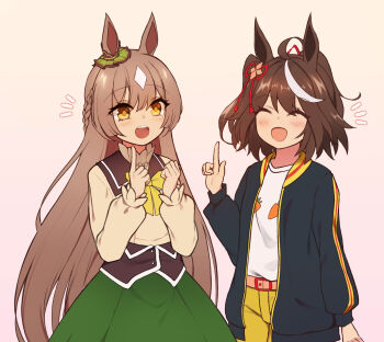 Rule 34 | 2girls, :d, ^ ^, ahoge, belt, belt buckle, black jacket, blush, bow, braid, brown background, brown eyes, brown hair, brown shirt, buckle, closed eyes, commentary request, gradient background, green skirt, hair between eyes, hand up, hands up, highres, index finger raised, jacket, kitasan black (umamusume), long sleeves, multicolored hair, multiple girls, notice lines, one side up, open clothes, open jacket, open mouth, pink background, pink belt, puffy long sleeves, puffy sleeves, satono diamond (umamusume), shirt, shorts, skirt, sleeves past wrists, smile, streaked hair, two-tone hair, umamusume, vgb0568, white hair, yellow bow, yellow shorts